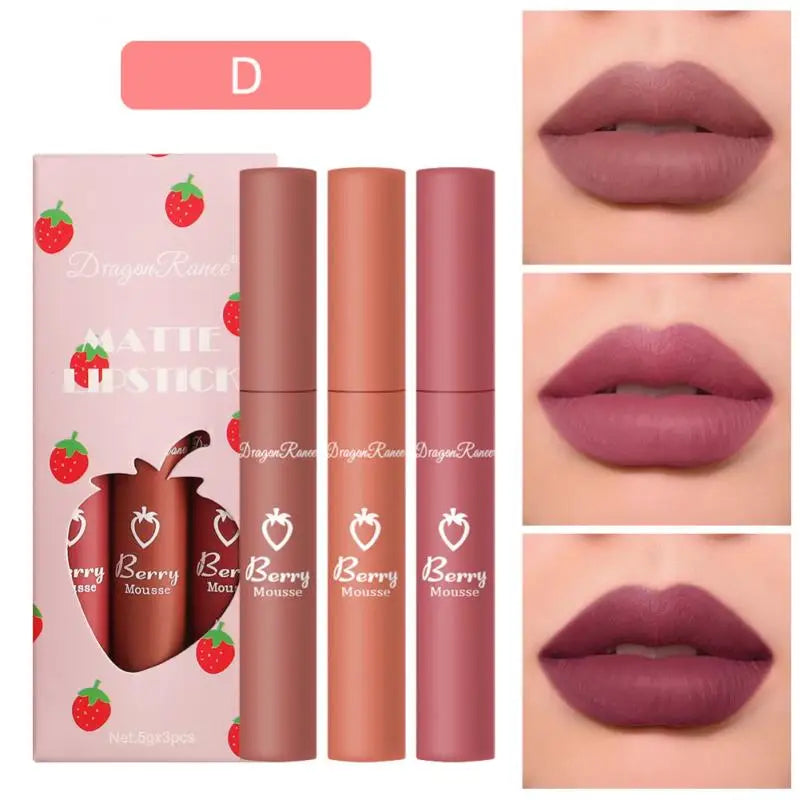 3Pcs Nude Liquid Lipstick Set Matte Velvet Lip Gloss Waterproof Long Lasting Non-Stick Cup Natural Lip Tint Glaze Cosmetics Kit