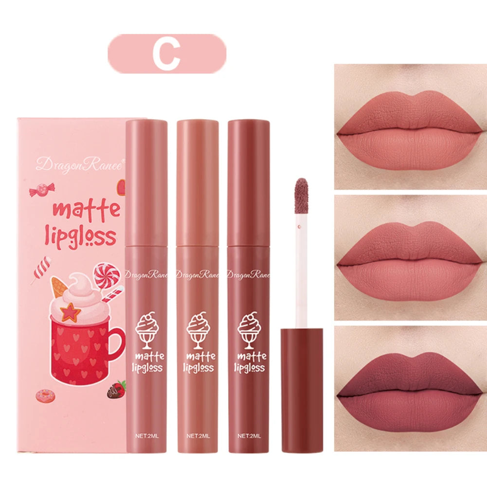 3Pcs Nude Liquid Lipstick Set Matte Velvet Lip Gloss Waterproof Long Lasting Non-Stick Cup Natural Lip Tint Glaze Cosmetics Kit