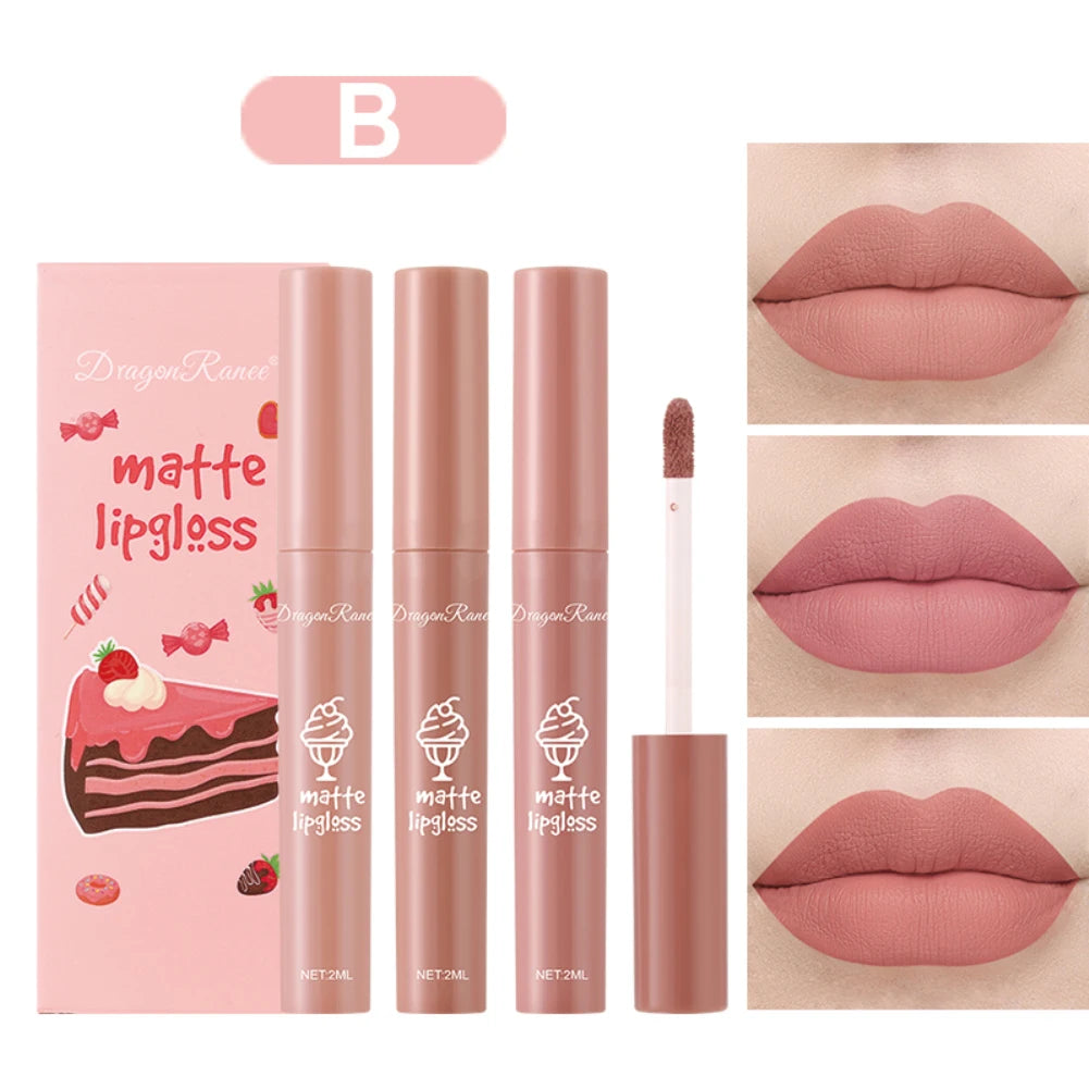 3Pcs Nude Liquid Lipstick Set Matte Velvet Lip Gloss Waterproof Long Lasting Non-Stick Cup Natural Lip Tint Glaze Cosmetics Kit