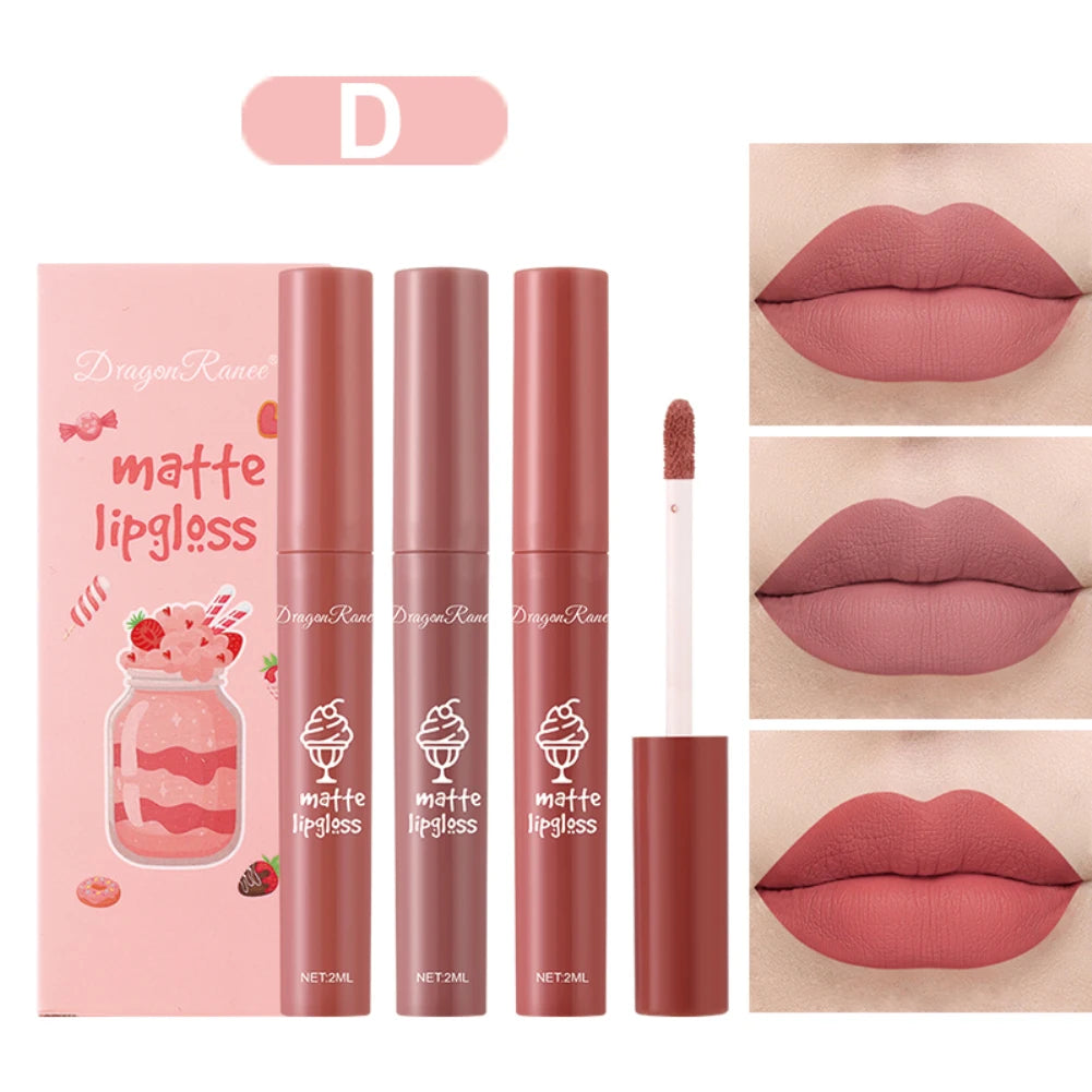 3Pcs Nude Liquid Lipstick Set Matte Velvet Lip Gloss Waterproof Long Lasting Non-Stick Cup Natural Lip Tint Glaze Cosmetics Kit