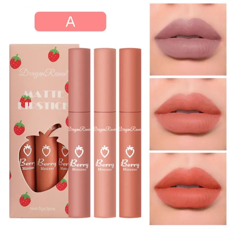 3Pcs Nude Liquid Lipstick Set Matte Velvet Lip Gloss Waterproof Long Lasting Non-Stick Cup Natural Lip Tint Glaze Cosmetics Kit